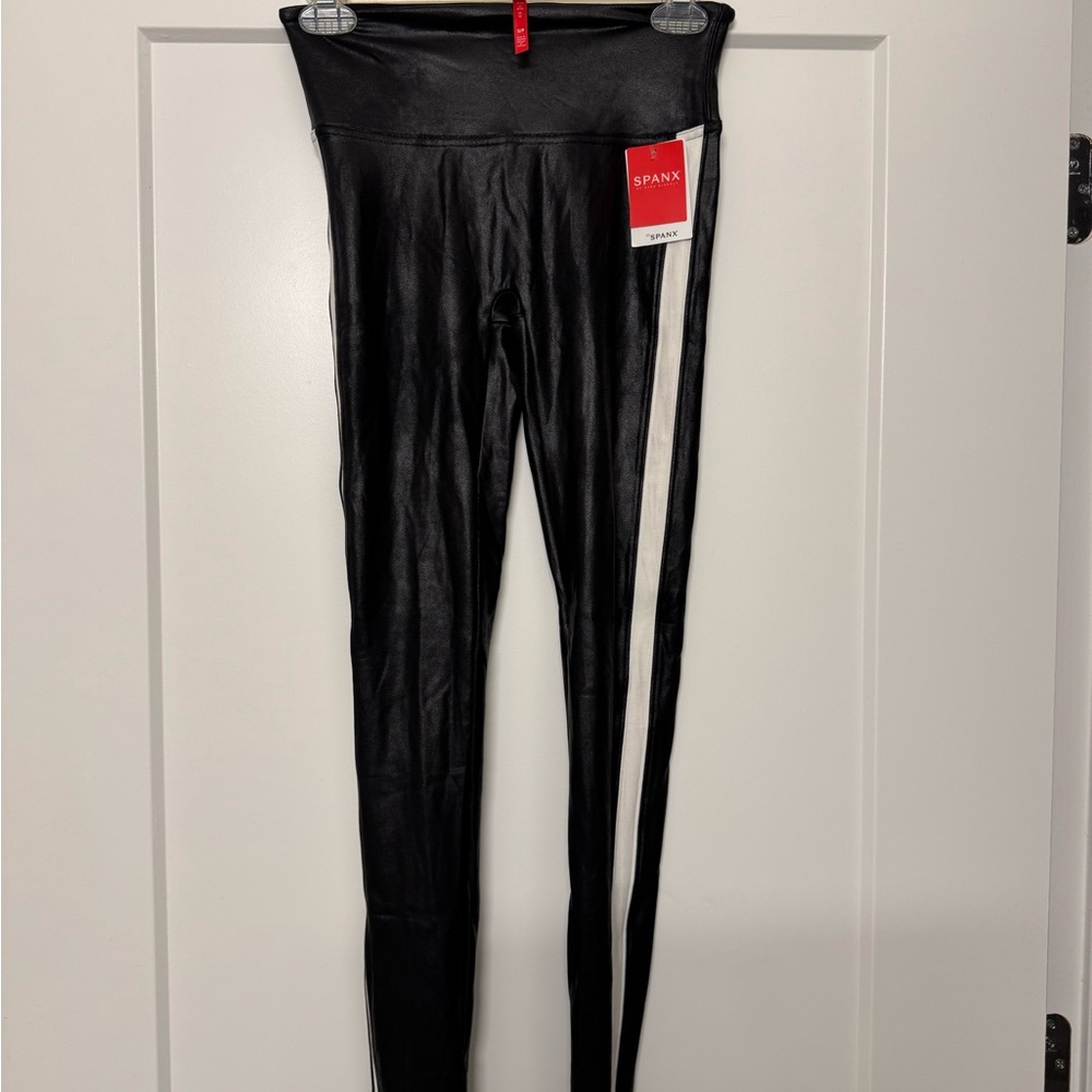 SPANX Black Faux Leather Leggings with White Accent